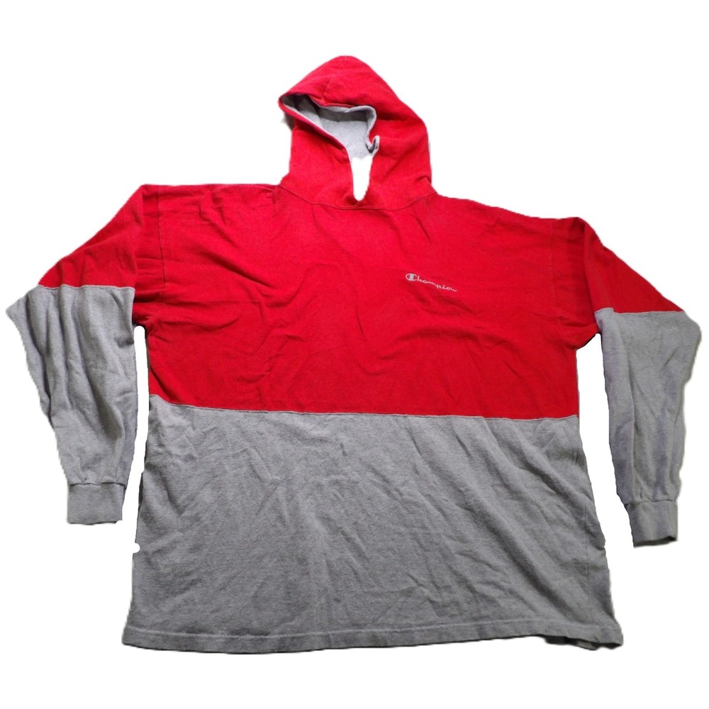 VTG 90s Champion Hooded Long Sleeve T Shirt Men XXL USA Made Colorblock Red Gray